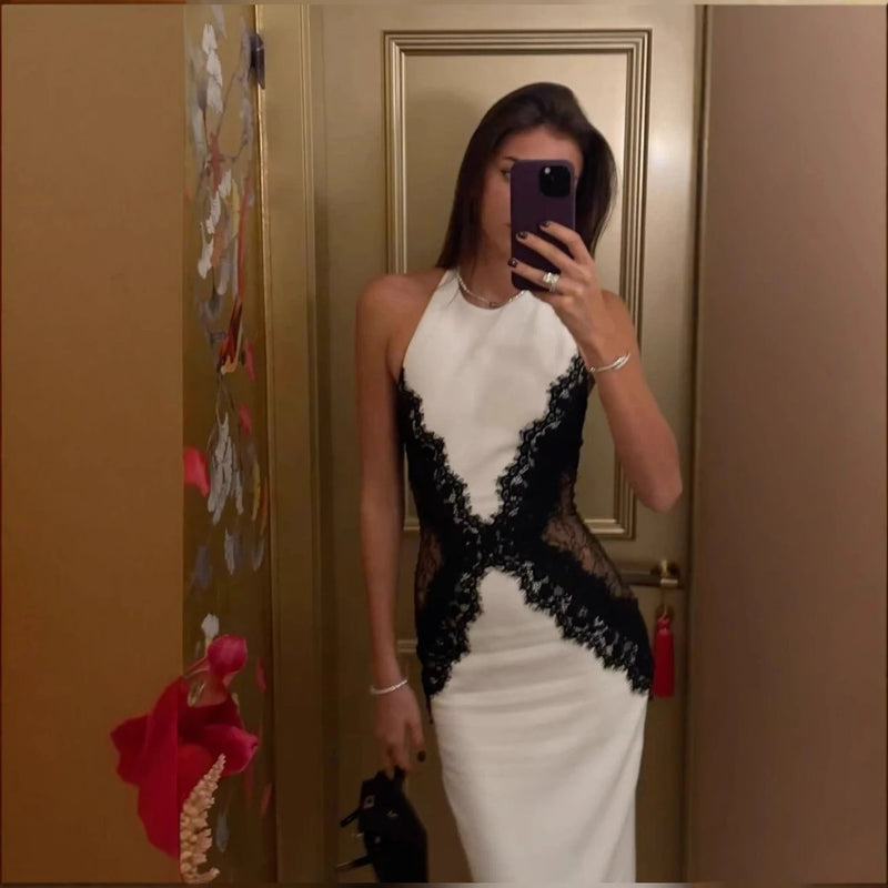 Şık Kadın Siyah Dantel Parçalı Transparan Halter Maxi Elbise – Seksi Sırt Dekolteli, Kolsuz, İnce Kesim, 2025 Yeni Gece ve Parti Elbisesi