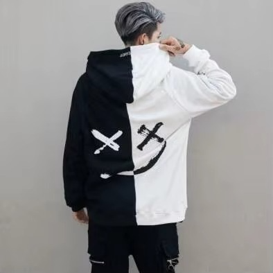 Unisex Kapüşonlu Sweatshirt – Siyah Beyaz Turuncu Patchwork, Punk & Hip Hop Tarzı, Rahat Streetwear (Kışlık Polar)