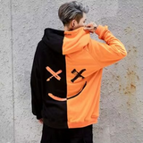 Unisex Kapüşonlu Sweatshirt – Siyah Beyaz Turuncu Patchwork, Punk & Hip Hop Tarzı, Rahat Streetwear (Kışlık Polar)