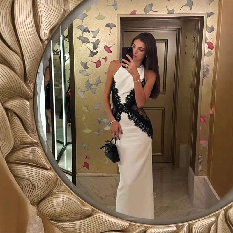 Şık Kadın Siyah Dantel Parçalı Transparan Halter Maxi Elbise – Seksi Sırt Dekolteli, Kolsuz, İnce Kesim, 2025 Yeni Gece ve Parti Elbisesi
