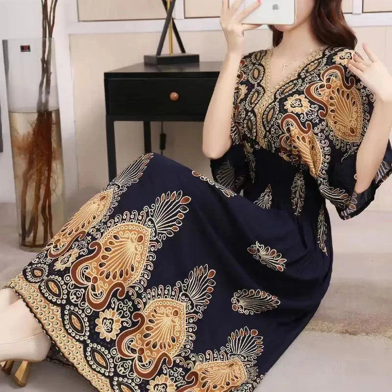 Kadın Retro Elbise – V Yaka, Uzun, Çiçek Desenli, Plaj ve Tatil Stili