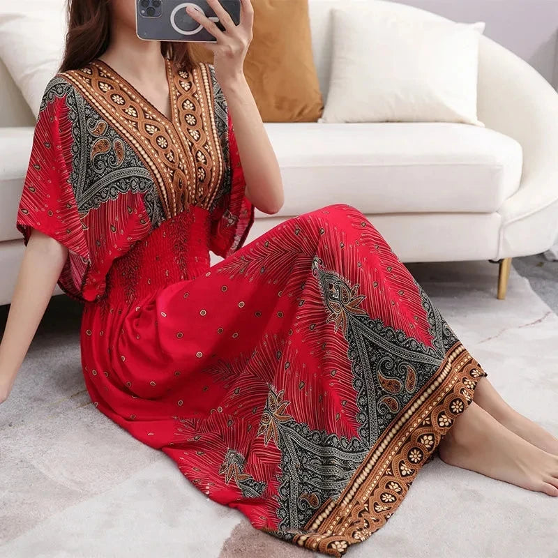 Kadın Retro Elbise – V Yaka, Uzun, Çiçek Desenli, Plaj ve Tatil Stili