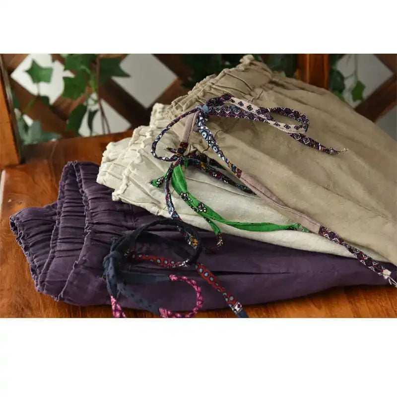 Kadın Yazlık Pamuk Keten Pantolon – Lastikli Bel, Retro Stil, Bol ve Kemerli