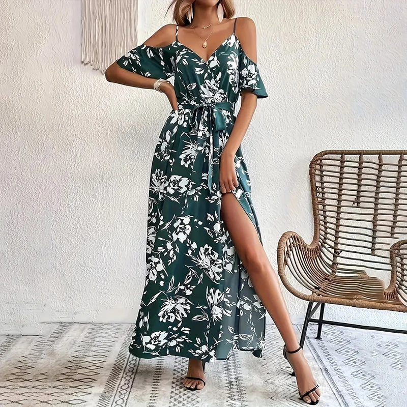 Kadın Bohem Çiçek Desenli Omuz Açık Kollu Yırtmaçlı A Kesim Maxi Elbise – Yazlık Parti, Tatil ve Plaj Elbisesi, Beden S-XL