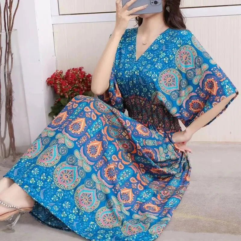Kadın Retro Elbise – V Yaka, Uzun, Çiçek Desenli, Plaj ve Tatil Stili