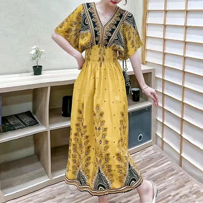 Kadın Retro Elbise – V Yaka, Uzun, Çiçek Desenli, Plaj ve Tatil Stili