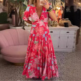 2025 Bahar Yaz Bohem Kadın Maxi Elbise – Rahat Kısa Kollu A Kesim Fırfırlı Plaj Elbisesi Çiçekli Vestido Mujer