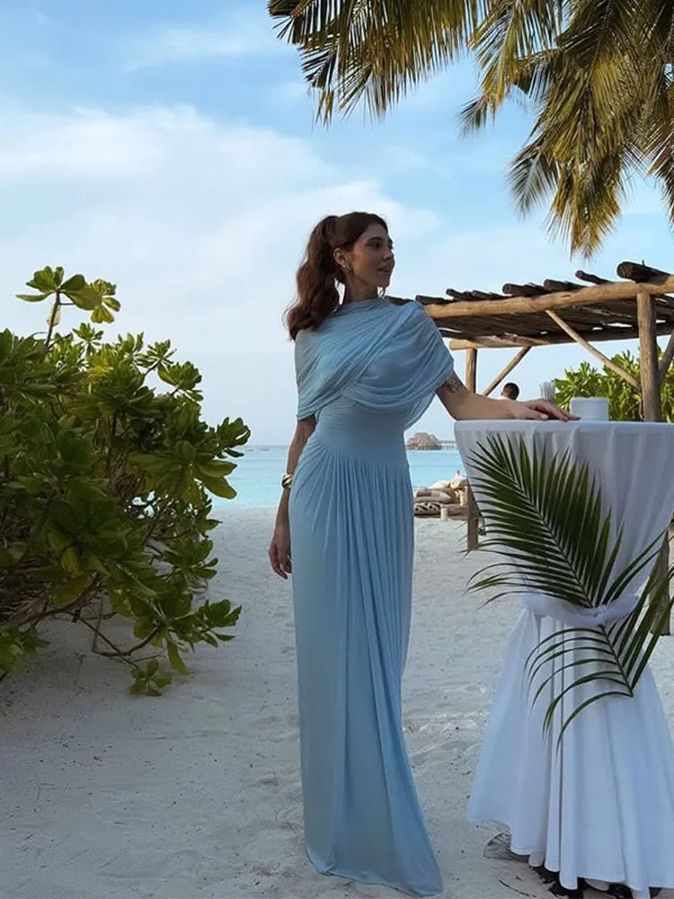 Kadın Mavi Maxi Elbise – Düzensiz Etekli, Boğazlı Yaka, Pileli, Slim Fit Yaz Elbisesi