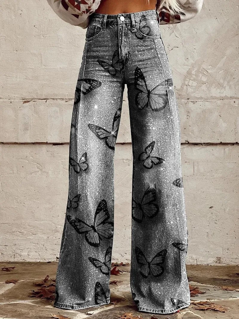 Kadın Vintage Geniş Paça Pantolon – Yüksek Bel, 3D Kot Baskılı, Degrade Desen