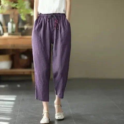 Kadın Yazlık Pamuk Keten Pantolon – Lastikli Bel, Retro Stil, Bol ve Kemerli