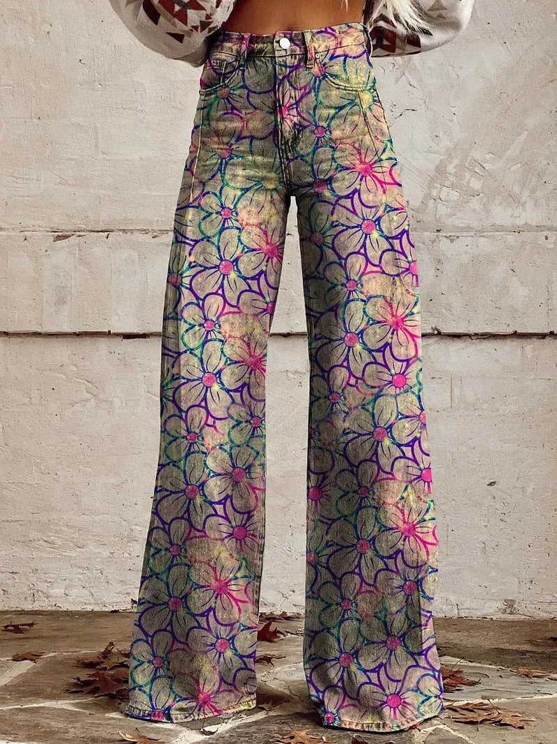 Kadın Vintage Geniş Paça Pantolon – Yüksek Bel, 3D Kot Baskılı, Degrade Desen