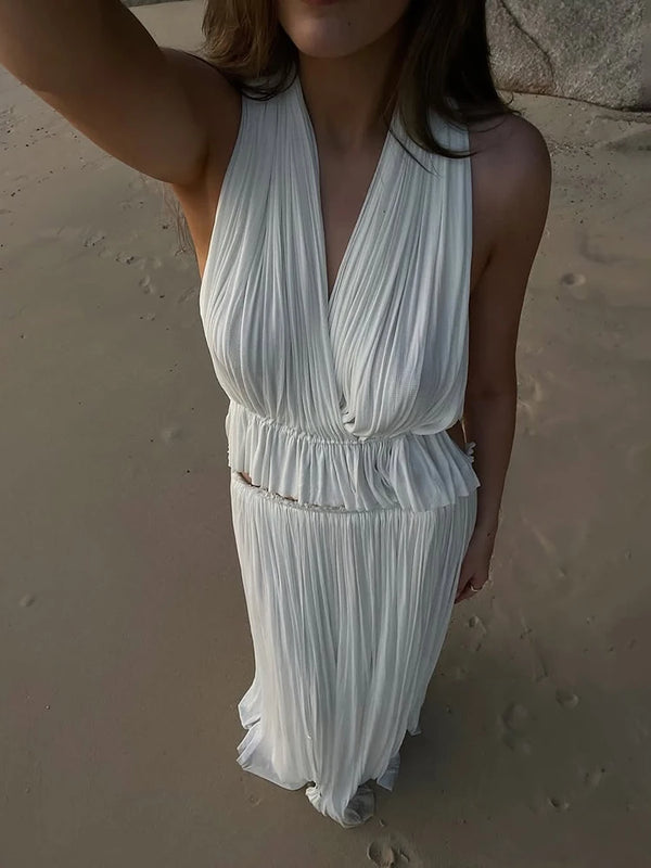 Kadın Sırt Dekolteli Pilili Etek İkili Takım – Seksi V Yaka Halter Üst ve Yüksek Bel Uzun Etek, Plaj ve Tatil Kombini