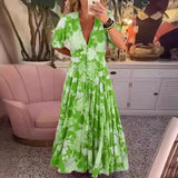 2025 Bahar Yaz Bohem Kadın Maxi Elbise – Rahat Kısa Kollu A Kesim Fırfırlı Plaj Elbisesi Çiçekli Vestido Mujer