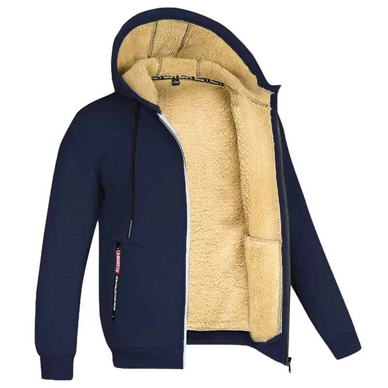 Erkek Kalın Polar Astarlı Kapüşonlu Mont – Rüzgar Geçirmez, Fermuarlı ve Sıcak Kışlık Sweatshirt