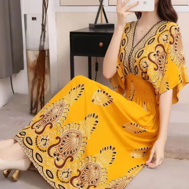 Kadın Retro Elbise – V Yaka, Uzun, Çiçek Desenli, Plaj ve Tatil Stili