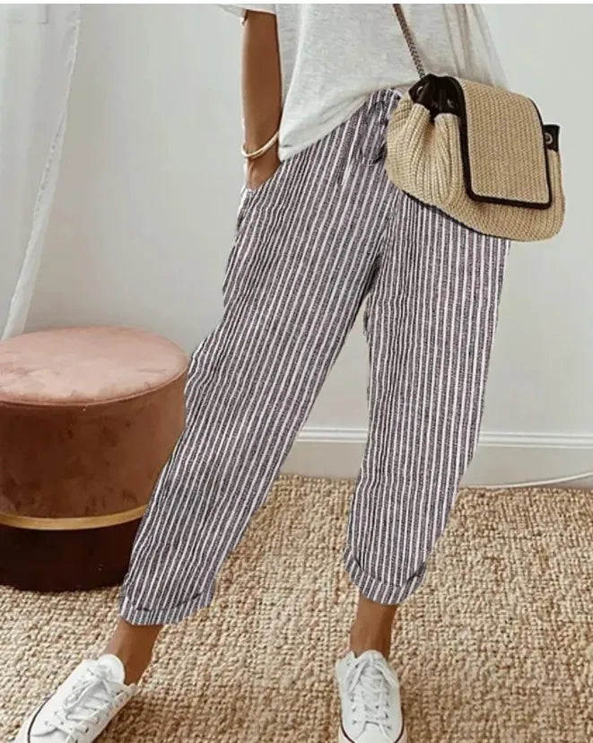 Kadın Vintage Çizgili Volanlı Pantolon – 2024 Moda, Rahat Kesim, Cepli