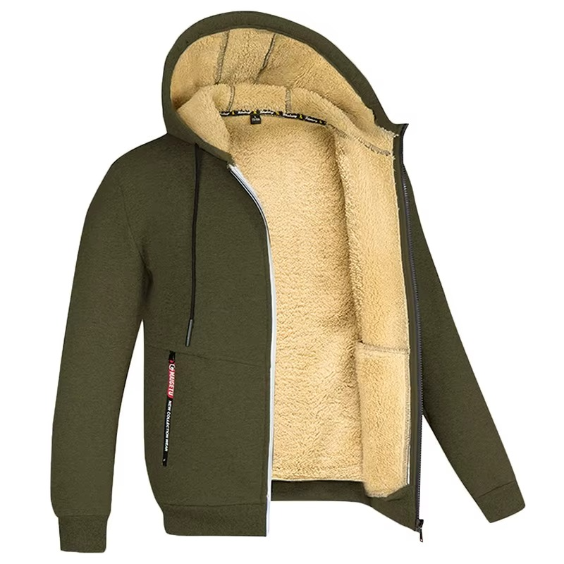 Erkek Kalın Polar Astarlı Kapüşonlu Mont – Rüzgar Geçirmez, Fermuarlı ve Sıcak Kışlık Sweatshirt