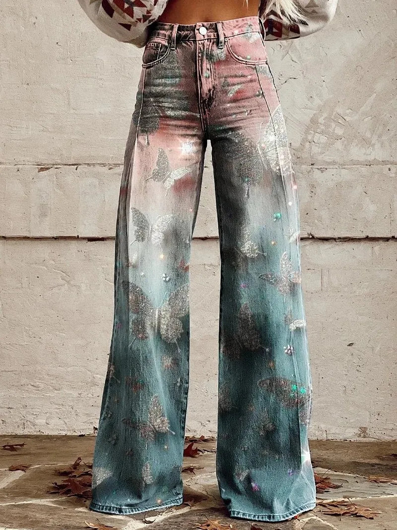Kadın Vintage Geniş Paça Pantolon – Yüksek Bel, 3D Kot Baskılı, Degrade Desen