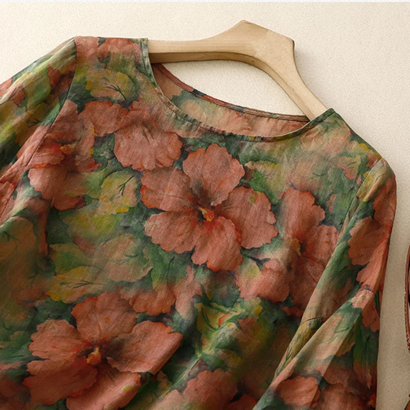 Kadın Keten Bluz – Vintage Stil, Çiçekli, Balon Kol, O Yaka, Rahat Kesim