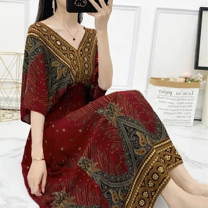 Kadın Retro Elbise – V Yaka, Uzun, Çiçek Desenli, Plaj ve Tatil Stili
