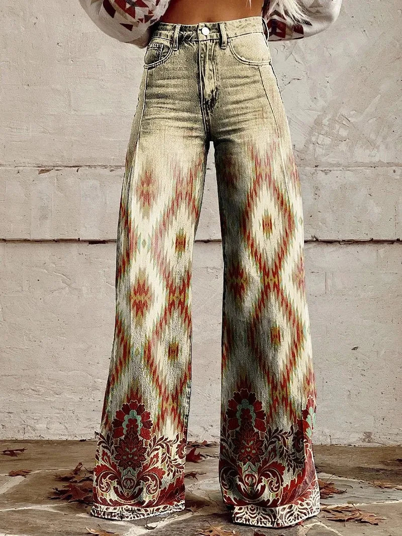 Kadın Vintage Geniş Paça Pantolon – Yüksek Bel, 3D Kot Baskılı, Degrade Desen