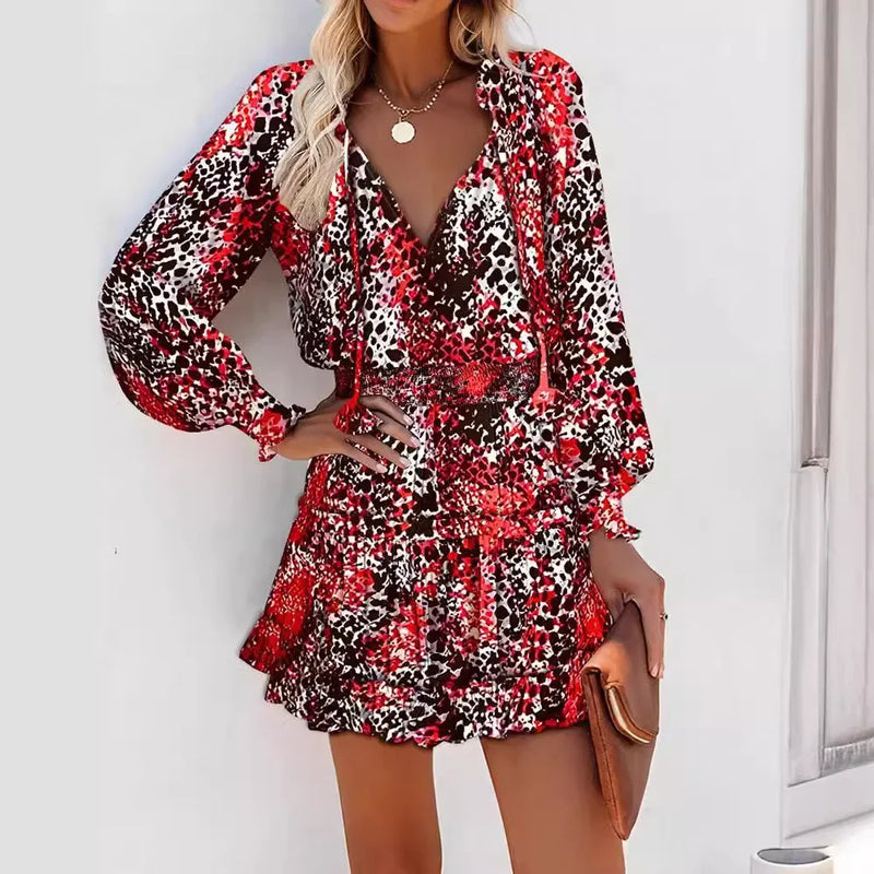Moda uzun kollu V yaka baskılı belden oturtmalı elbise kadınlar için şık mini elbise zarif incelten tasarım