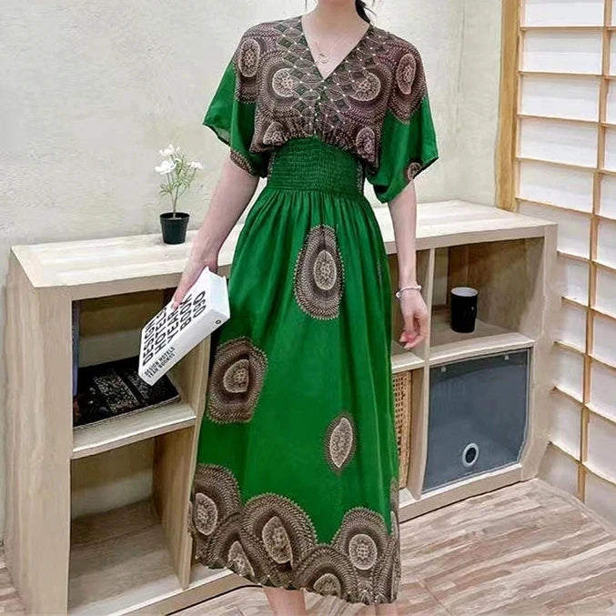 Kadın Retro Elbise – V Yaka, Uzun, Çiçek Desenli, Plaj ve Tatil Stili