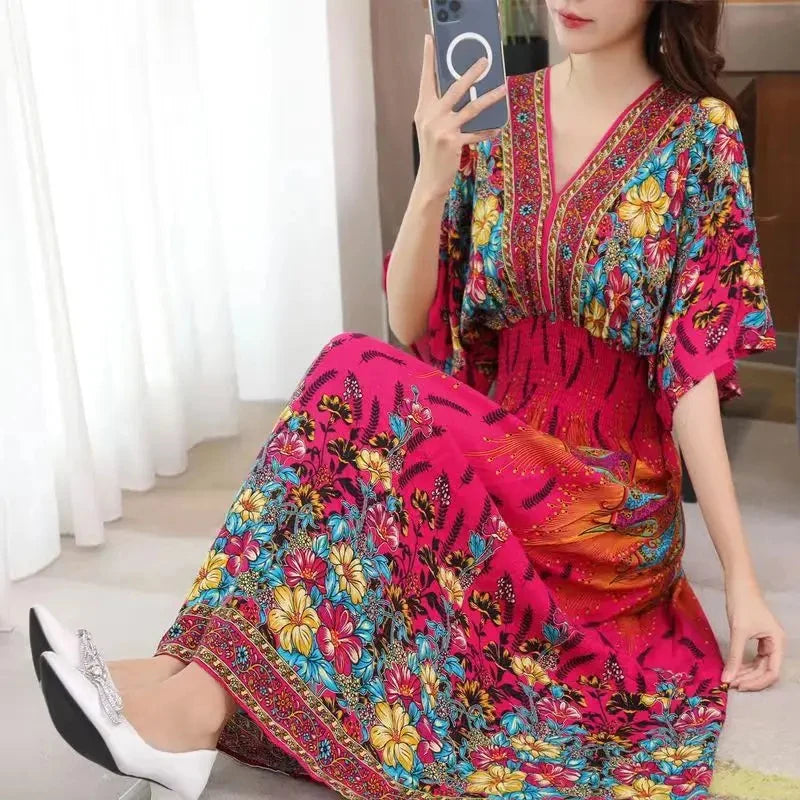 Kadın Retro Elbise – V Yaka, Uzun, Çiçek Desenli, Plaj ve Tatil Stili