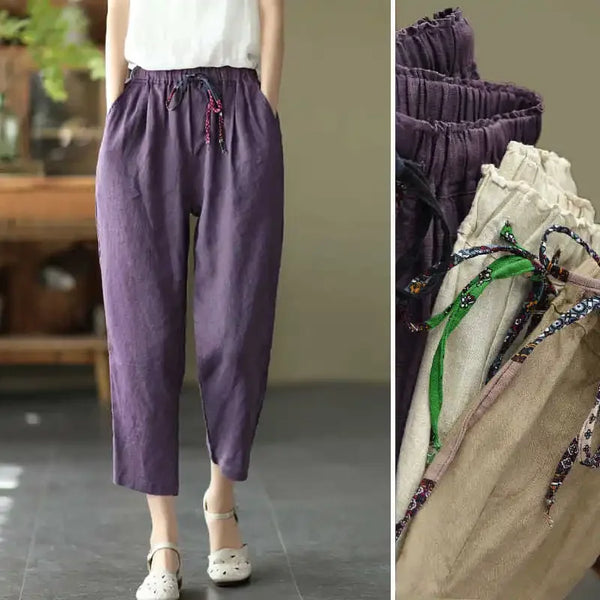 Kadın Yazlık Pamuk Keten Pantolon – Lastikli Bel, Retro Stil, Bol ve Kemerli
