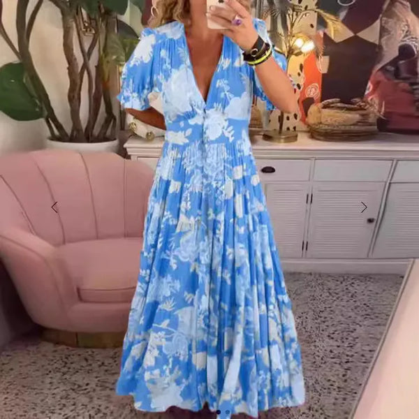 2025 Bahar Yaz Bohem Kadın Maxi Elbise – Rahat Kısa Kollu A Kesim Fırfırlı Plaj Elbisesi Çiçekli Vestido Mujer