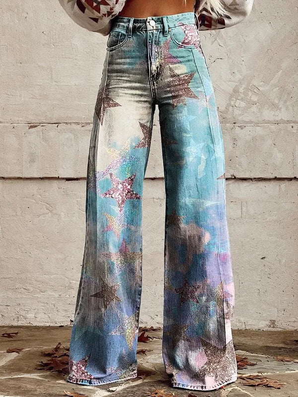 Kadın Vintage Geniş Paça Pantolon – Yüksek Bel, 3D Kot Baskılı, Degrade Desen