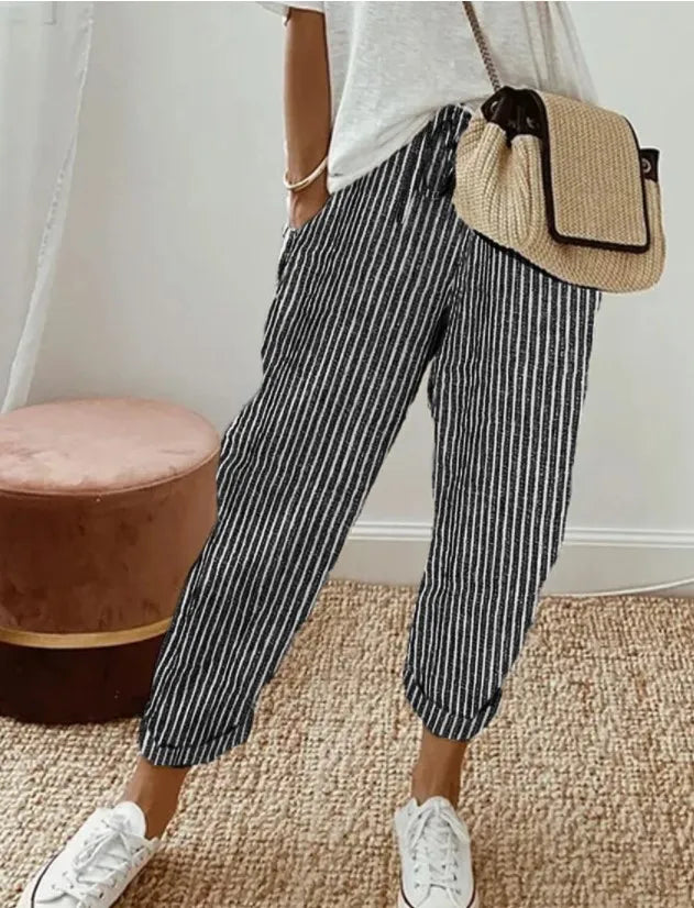 Kadın Vintage Çizgili Volanlı Pantolon – 2024 Moda, Rahat Kesim, Cepli