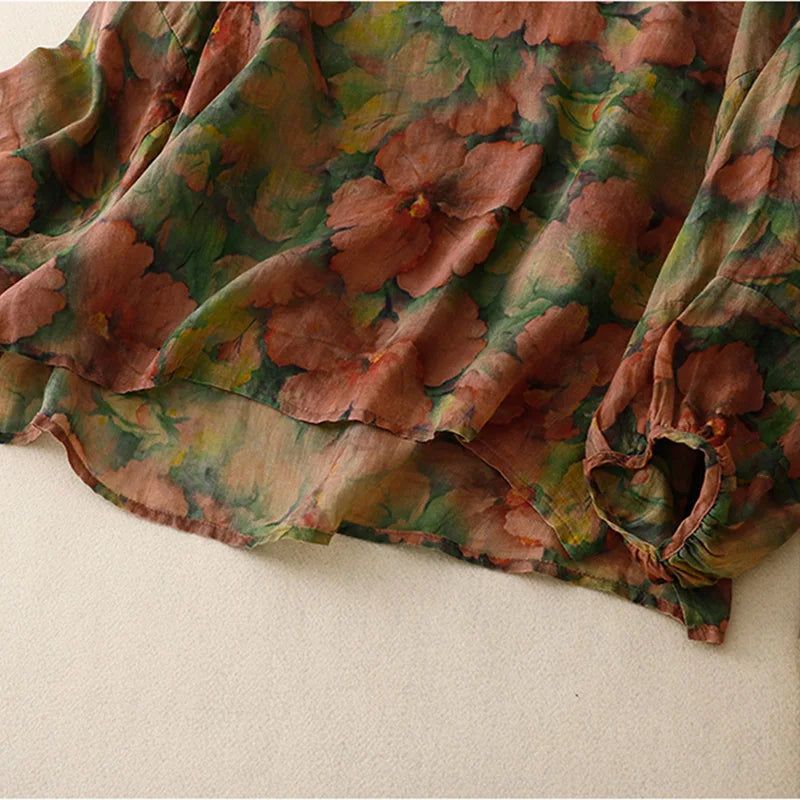 Kadın Keten Bluz – Vintage Stil, Çiçekli, Balon Kol, O Yaka, Rahat Kesim
