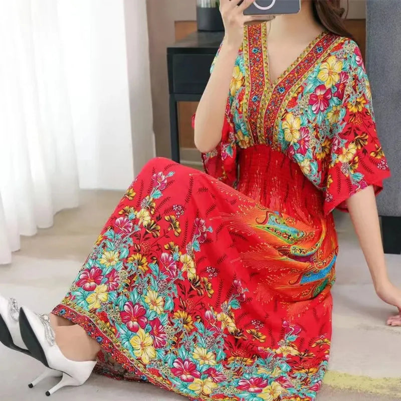 Kadın Retro Elbise – V Yaka, Uzun, Çiçek Desenli, Plaj ve Tatil Stili