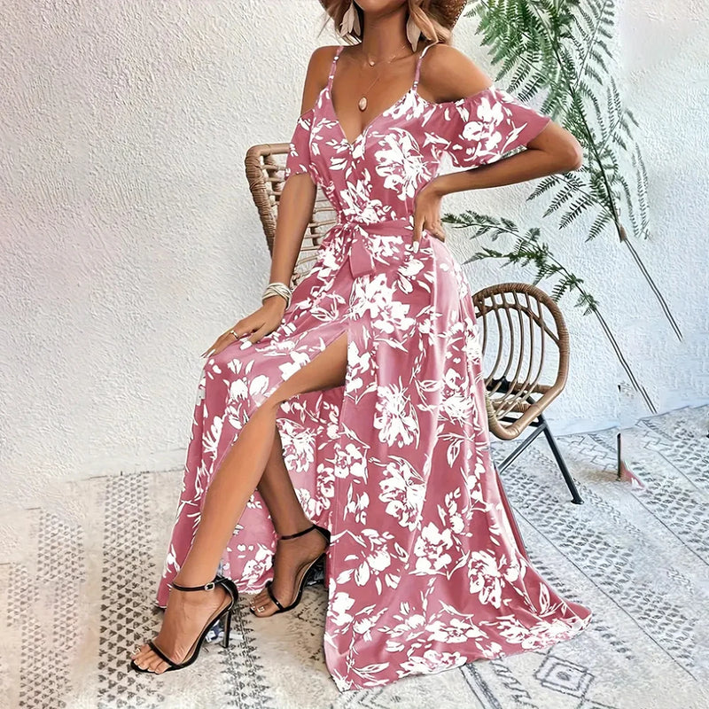 Kadın Bohem Çiçek Desenli Omuz Açık Kollu Yırtmaçlı A Kesim Maxi Elbise – Yazlık Parti, Tatil ve Plaj Elbisesi, Beden S-XL