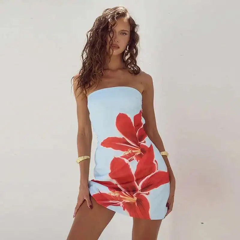 çiçek desenli slim fit vücuda oturan elbise kadın ince askılı mini 2024 ilkbahar yaz elbisesi sırt dekolteli seksi parti elbisesi