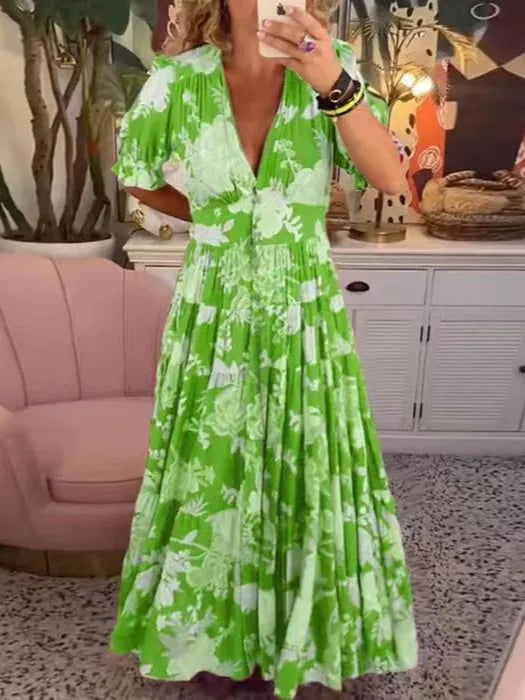 2025 Bahar Yaz Bohem Kadın Maxi Elbise – Rahat Kısa Kollu A Kesim Fırfırlı Plaj Elbisesi Çiçekli Vestido Mujer