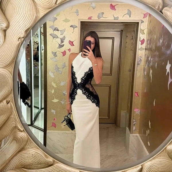 Şık Kadın Siyah Dantel Parçalı Transparan Halter Maxi Elbise – Seksi Sırt Dekolteli, Kolsuz, İnce Kesim, 2025 Yeni Gece ve Parti Elbisesi