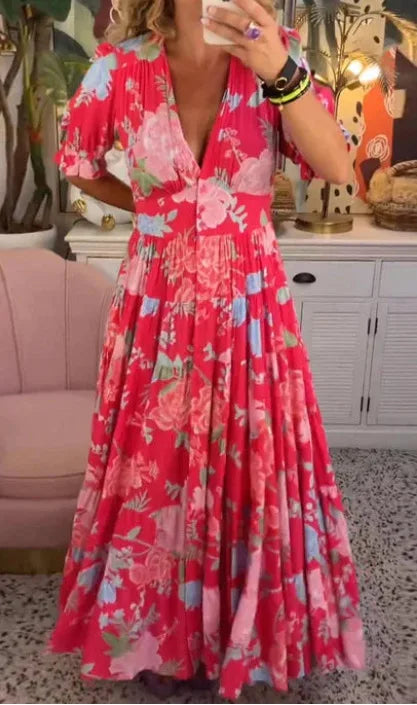 2025 Bahar Yaz Bohem Kadın Maxi Elbise – Rahat Kısa Kollu A Kesim Fırfırlı Plaj Elbisesi Çiçekli Vestido Mujer