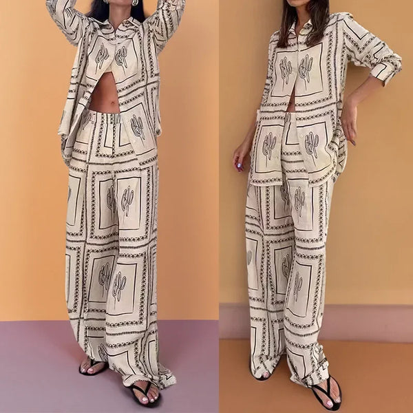 Lazy Style Kadın Erken Sonbahar Uzun Kollu Gömlek ve Geniş Paça Pantolon Ev Kombini – Rahat ve Şık Baskılı Casual Takım