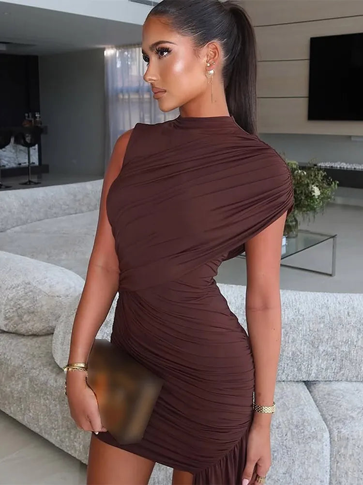 Kadın Mavi Maxi Elbise – Düzensiz Etekli, Boğazlı Yaka, Pileli, Slim Fit Yaz Elbisesi