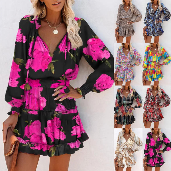 Moda uzun kollu V yaka baskılı belden oturtmalı elbise kadınlar için şık mini elbise zarif incelten tasarım