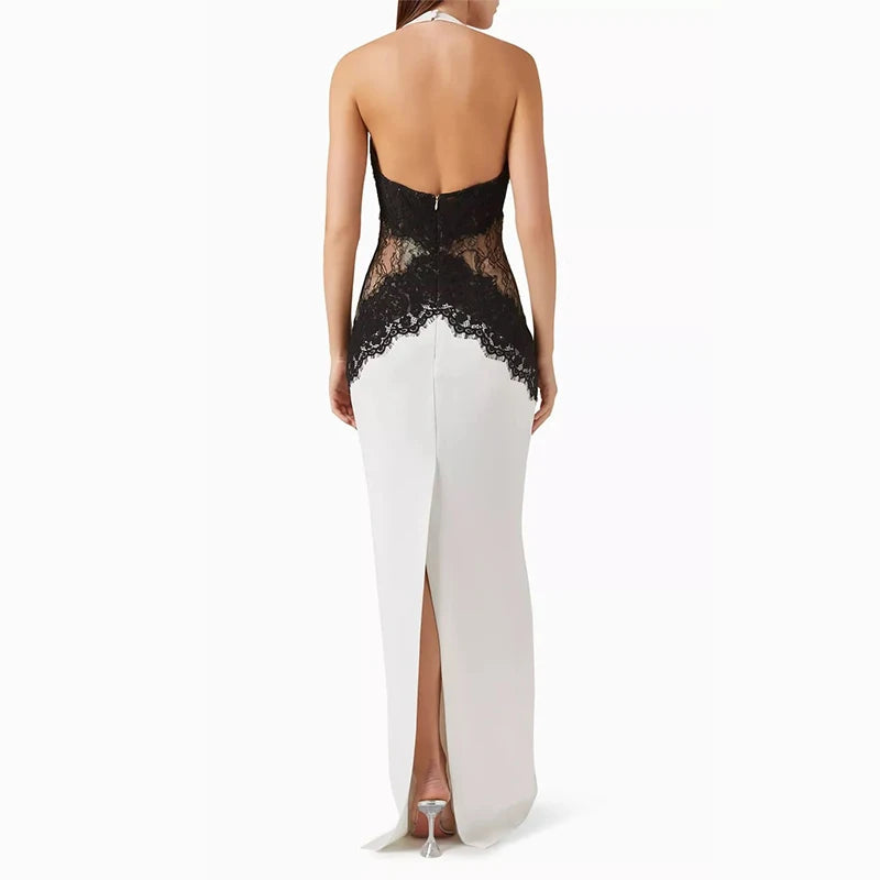 Şık Kadın Siyah Dantel Parçalı Transparan Halter Maxi Elbise – Seksi Sırt Dekolteli, Kolsuz, İnce Kesim, 2025 Yeni Gece ve Parti Elbisesi