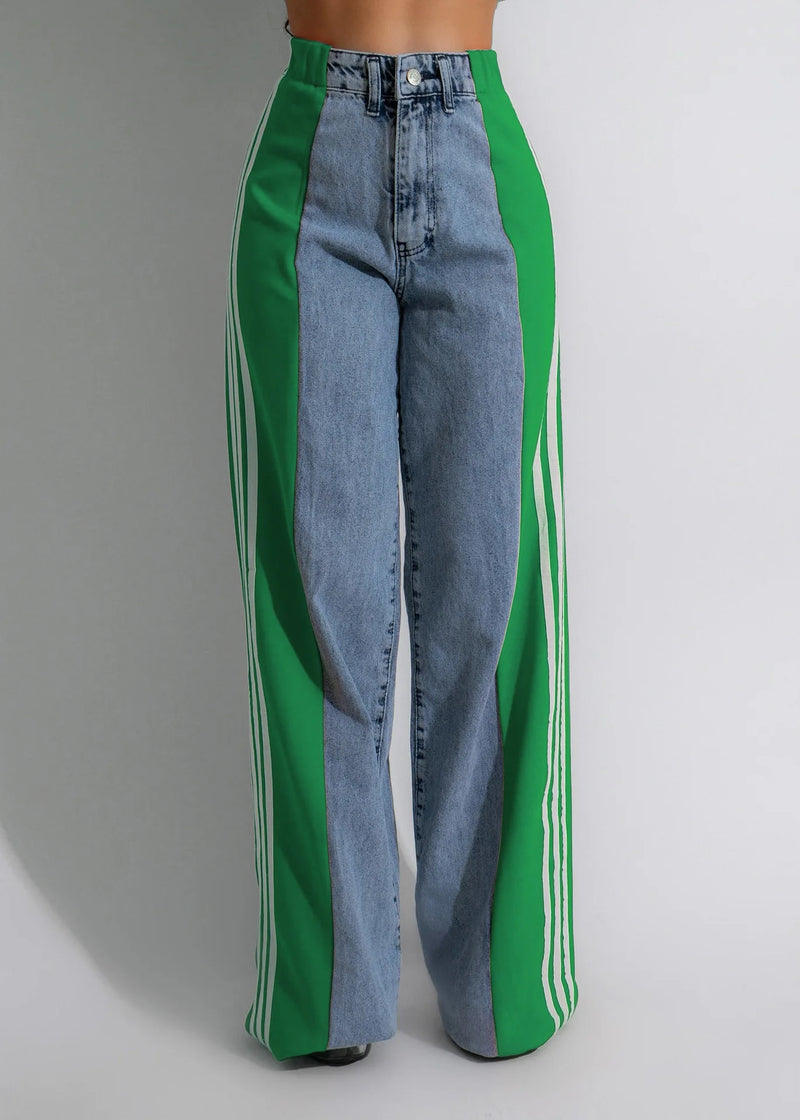 Kadın Yüksek Bel Renk Bloklu Bol Paça Kot Pantolon