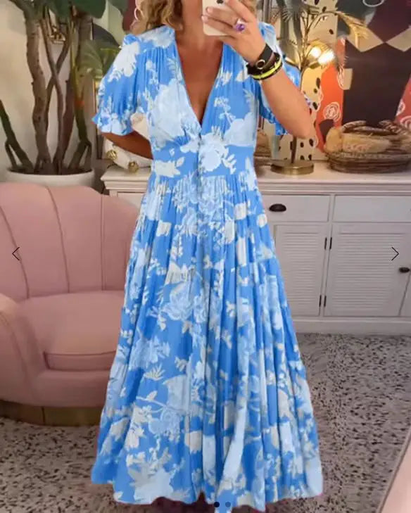 2025 Bahar Yaz Bohem Kadın Maxi Elbise – Rahat Kısa Kollu A Kesim Fırfırlı Plaj Elbisesi Çiçekli Vestido Mujer