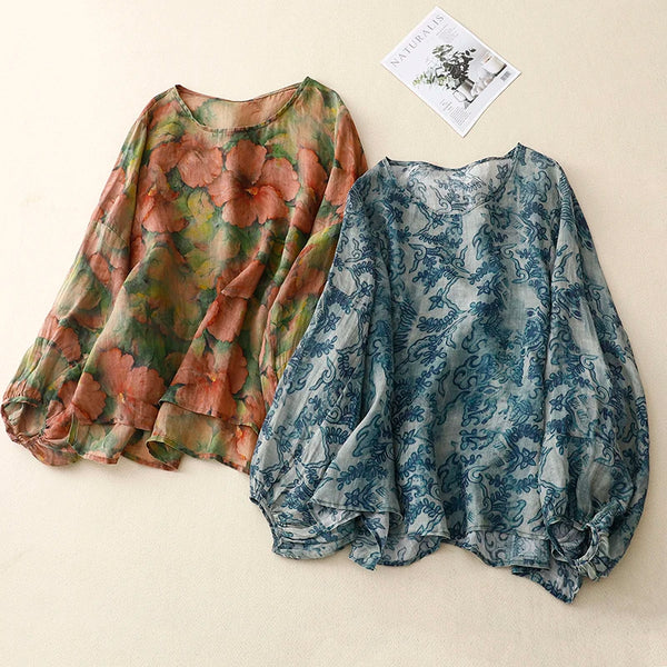 Kadın Keten Bluz – Vintage Stil, Çiçekli, Balon Kol, O Yaka, Rahat Kesim