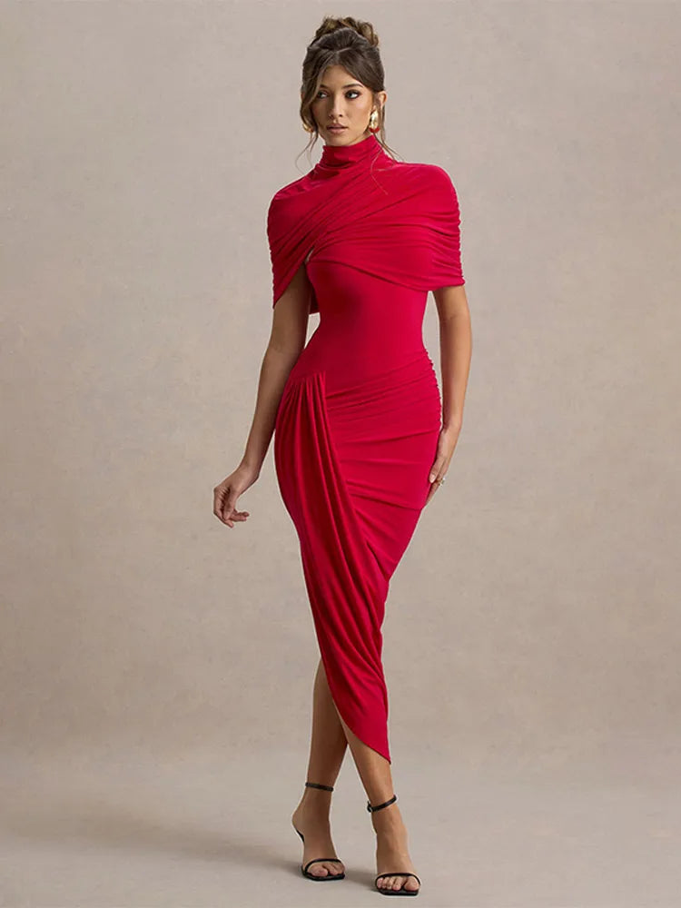 Kadın Mavi Maxi Elbise – Düzensiz Etekli, Boğazlı Yaka, Pileli, Slim Fit Yaz Elbisesi