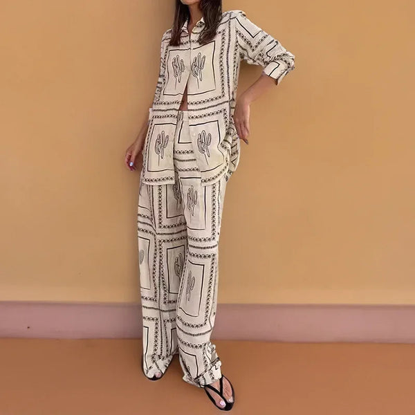 Lazy Style Kadın Erken Sonbahar Uzun Kollu Gömlek ve Geniş Paça Pantolon Ev Kombini – Rahat ve Şık Baskılı Casual Takım