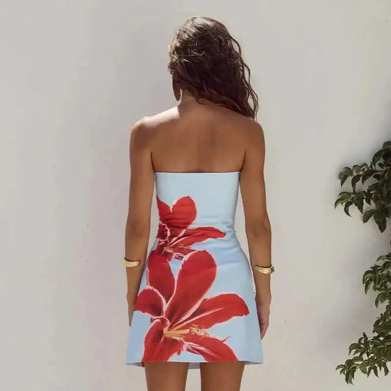 çiçek desenli slim fit vücuda oturan elbise kadın ince askılı mini 2024 ilkbahar yaz elbisesi sırt dekolteli seksi parti elbisesi
