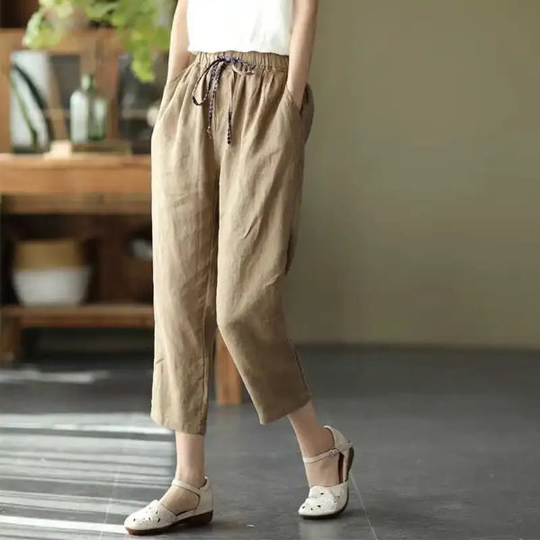 Kadın Yazlık Pamuk Keten Pantolon – Lastikli Bel, Retro Stil, Bol ve Kemerli